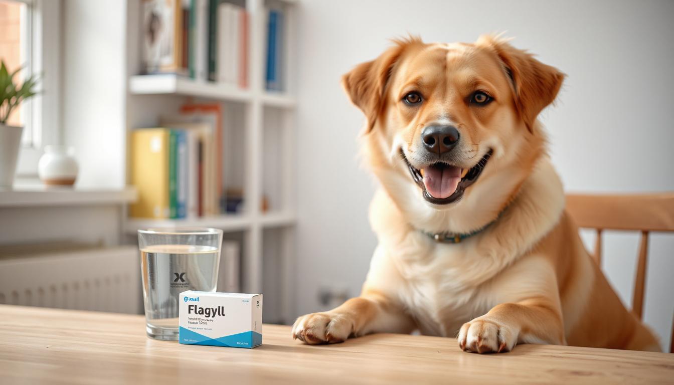 Bottle of Flagyl tablets with pet care supplies on table