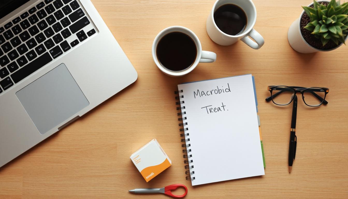 Close-up of Macrobid capsules on pharmacy counter