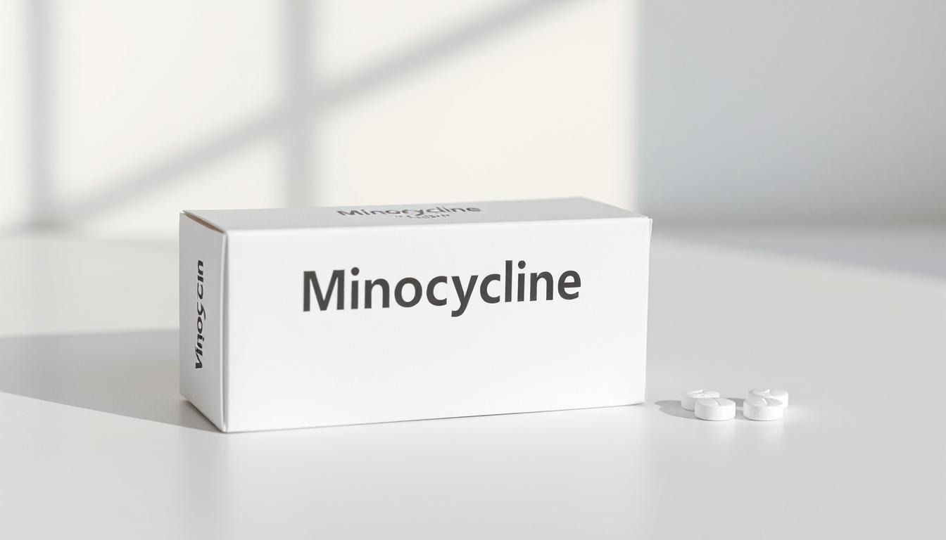 Close-up of Minocycline tablets on a pharmacy counter