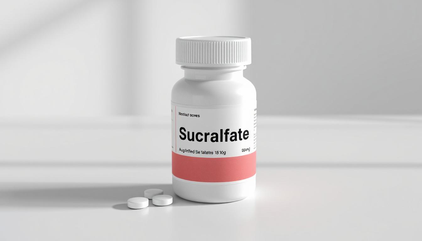 Close-up of Sucralfate tablets on pharmacy counter