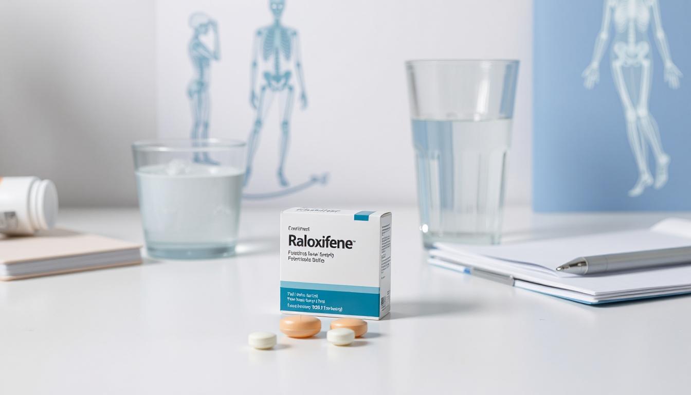 Medical illustration showing raloxifene use for improving bone density and preventing osteoporosis in women.
