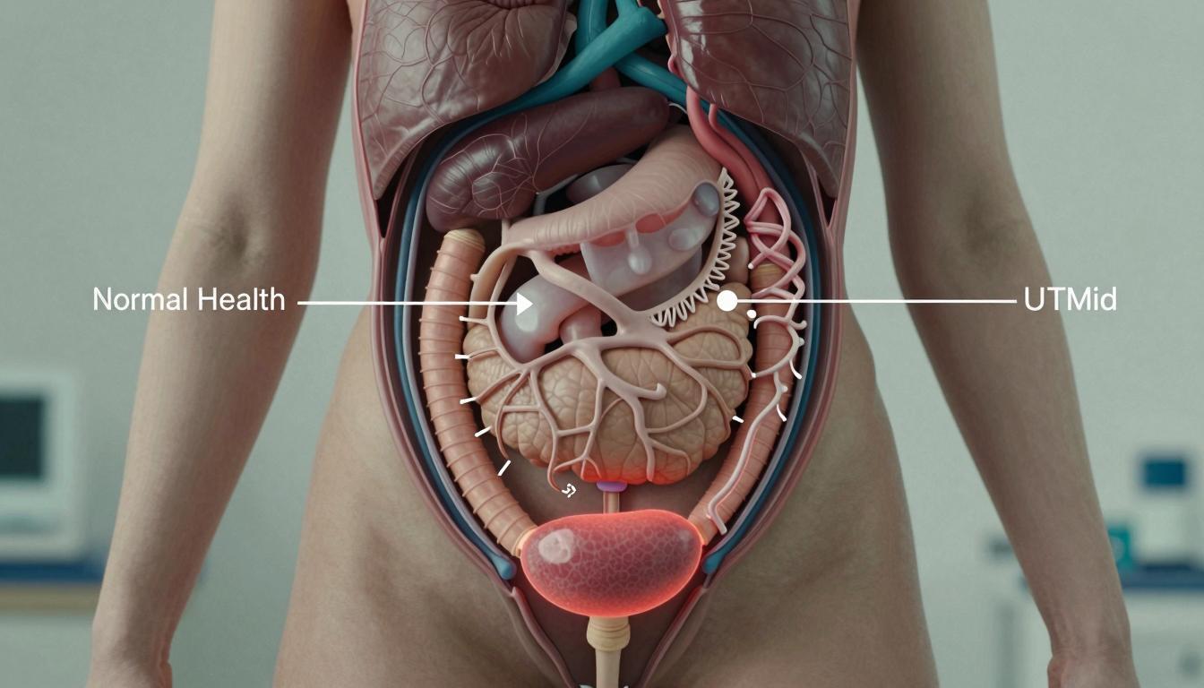 Urinary tract diagram with medical report and sample container showing recurrent UTIs and possible underlying causes.