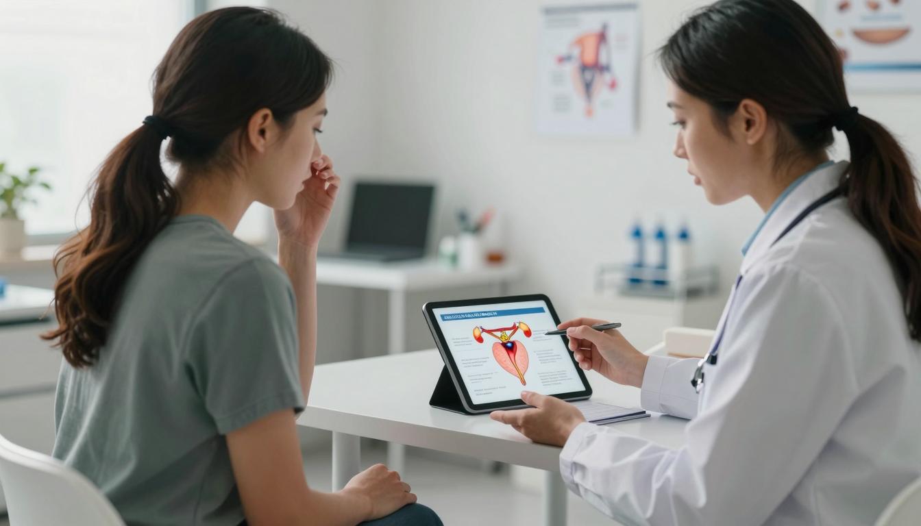 Patient discussing recurrent UTIs with a doctor in a clinic to understand possible serious causes.