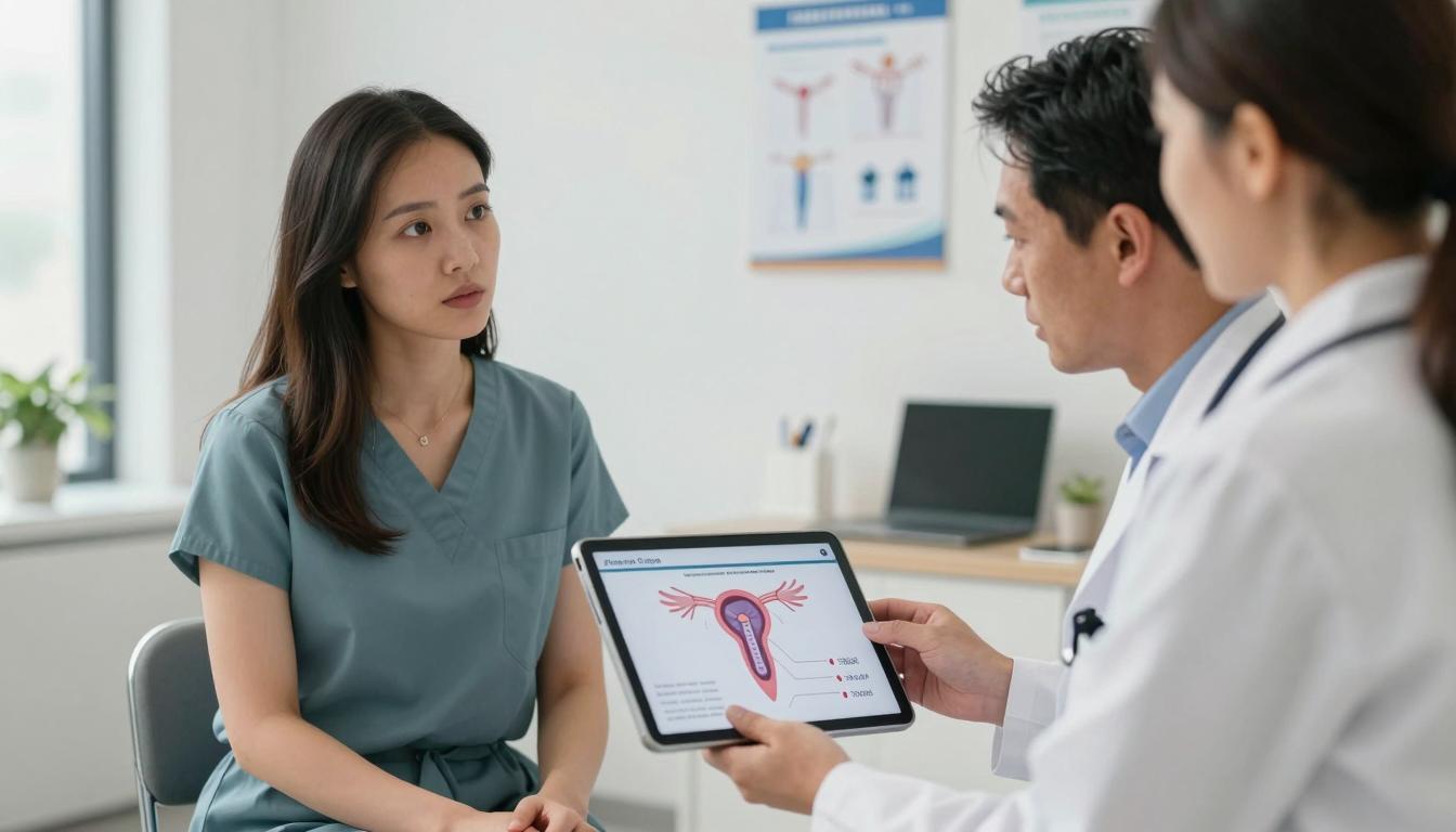 Woman discussing cervical cancer symptoms with a doctor during a medical consultation.