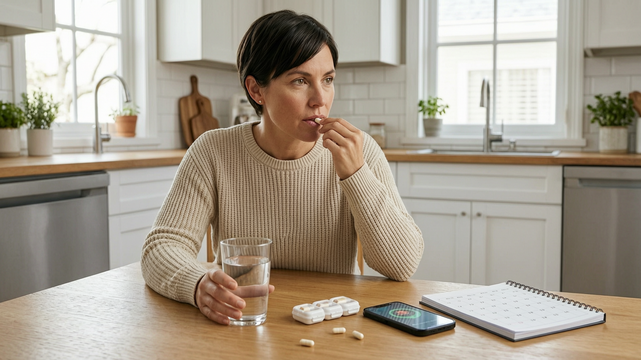 Person taking Prilosec daily while tracking duration of use with calendar reminder.