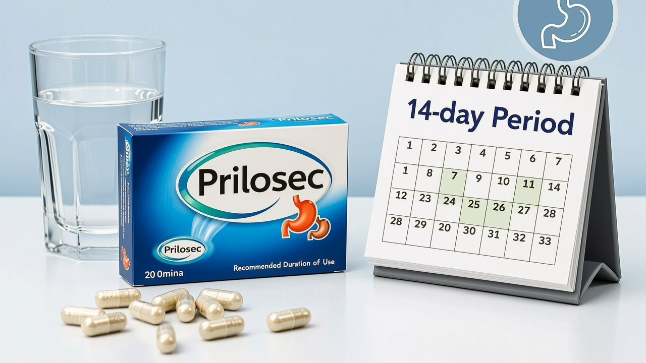 Prilosec capsules and packaging with calendar showing how long you can take Prilosec safely.