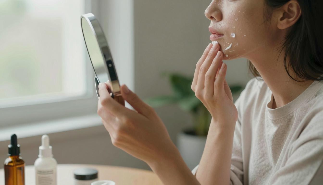 Person applying acyclovir cream to lip area at home as part of treatment routine.