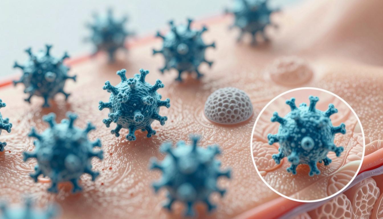 Illustration explaining how acyclovir cream works by stopping virus activity on the skin surface.